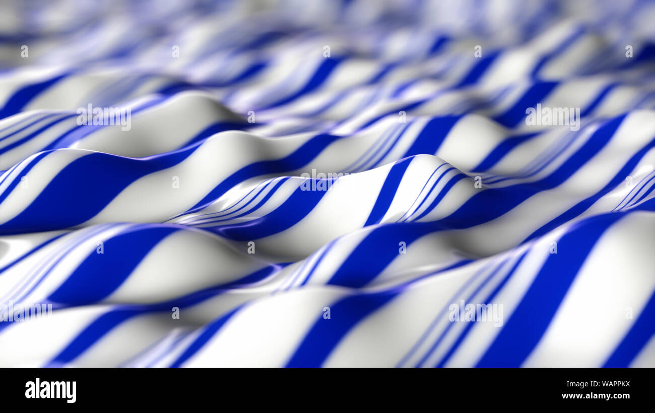 An illustration of a white and blue peppermint candy sheet. wavy background with blue and white stripes and Depth of Field, macro. Stock Photo