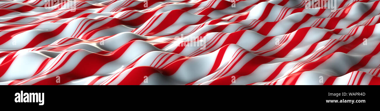 An illustration of a white and red peppermint candy sheet. wavy background with red and white stripes, wide banner panoramic. Stock Photo