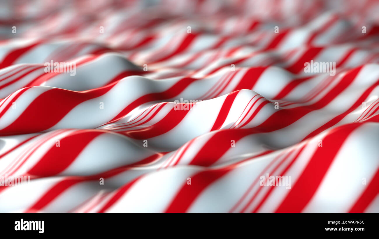 An illustration of a white and red peppermint candy sheet. wavy background with red and white stripes and Depth of Field, macro. Stock Photo