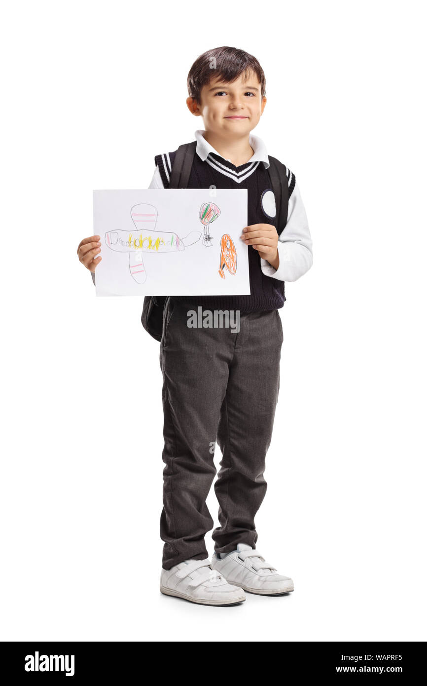 Full length portrait of a schoolboy showing a drawing of an airoplane isolated on white background Stock Photo