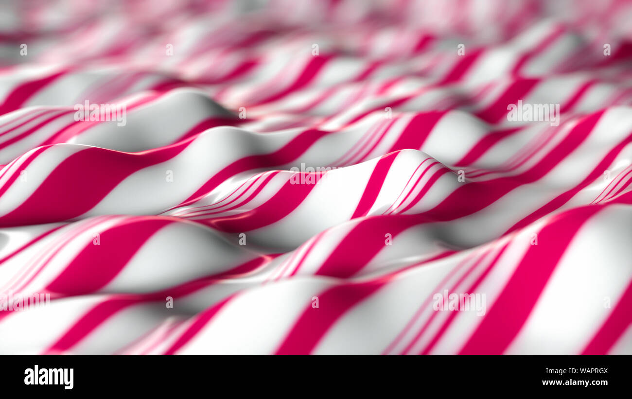 An illustration of a white and pink peppermint candy sheet. wavy background with pink and white stripes and Depth of Field, macro. Stock Photo