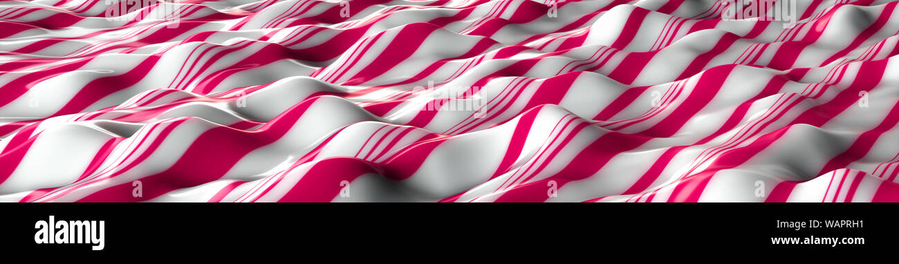 An illustration of a white and pink peppermint candy sheet. wavy background with pink and white stripes, wide banner panoramic. Stock Photo