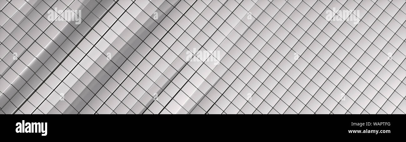 Wavy Banding Cubes Tiles Diagonal Background Pure White with free space for texte. Wide banner. Stock Photo