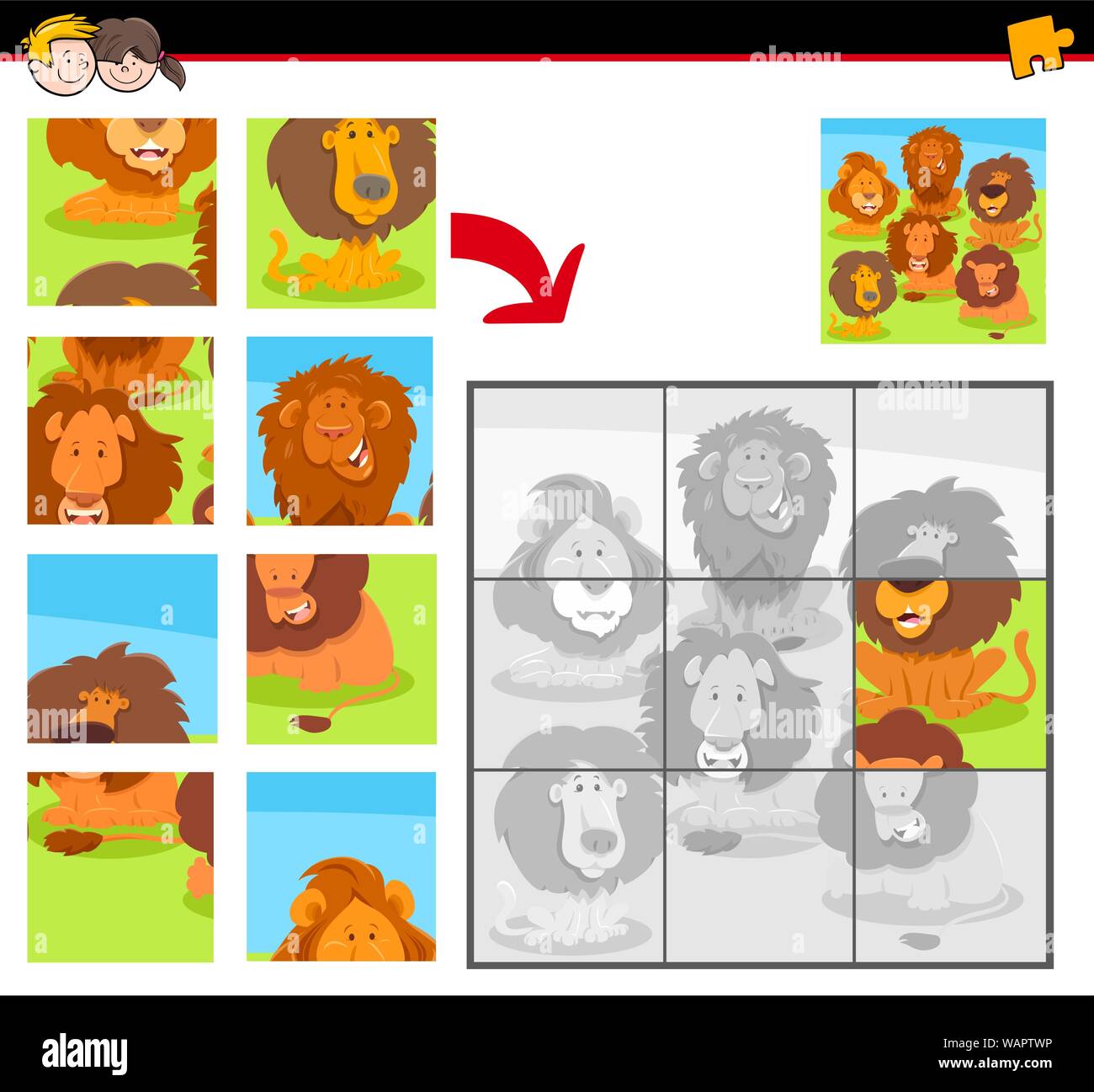 Cartoon Illustration of Educational Jigsaw Puzzle Game for Children ...