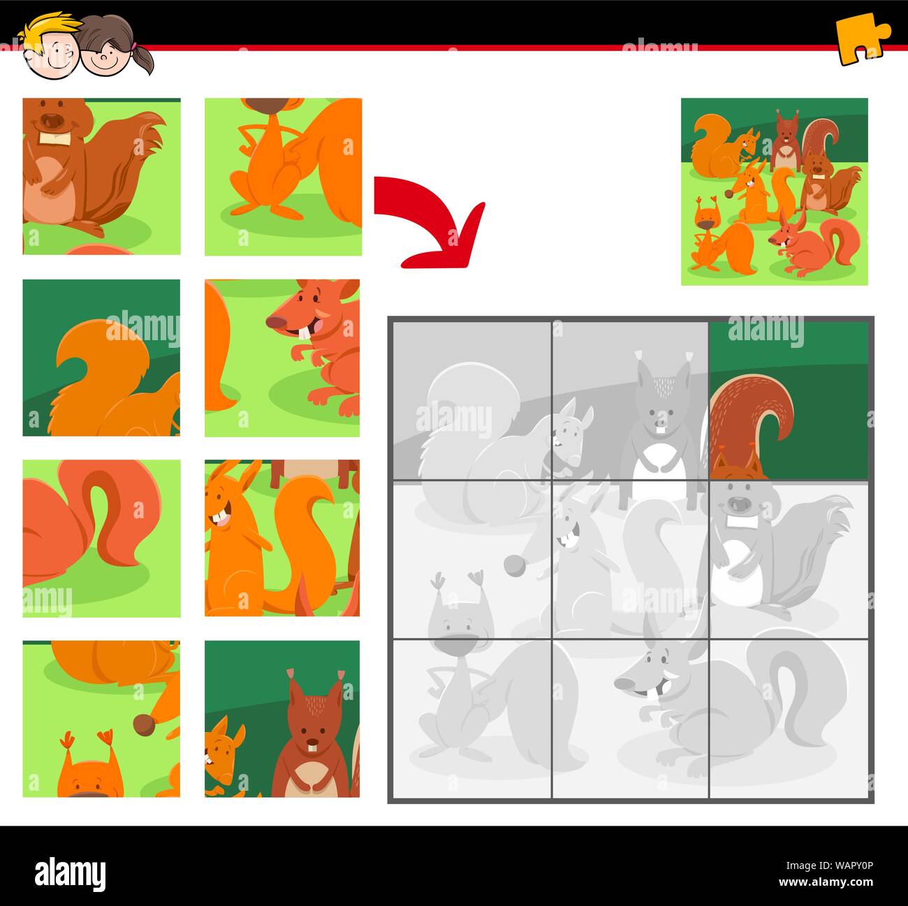 Cartoon Illustration of Educational Jigsaw Puzzle Game for Children
