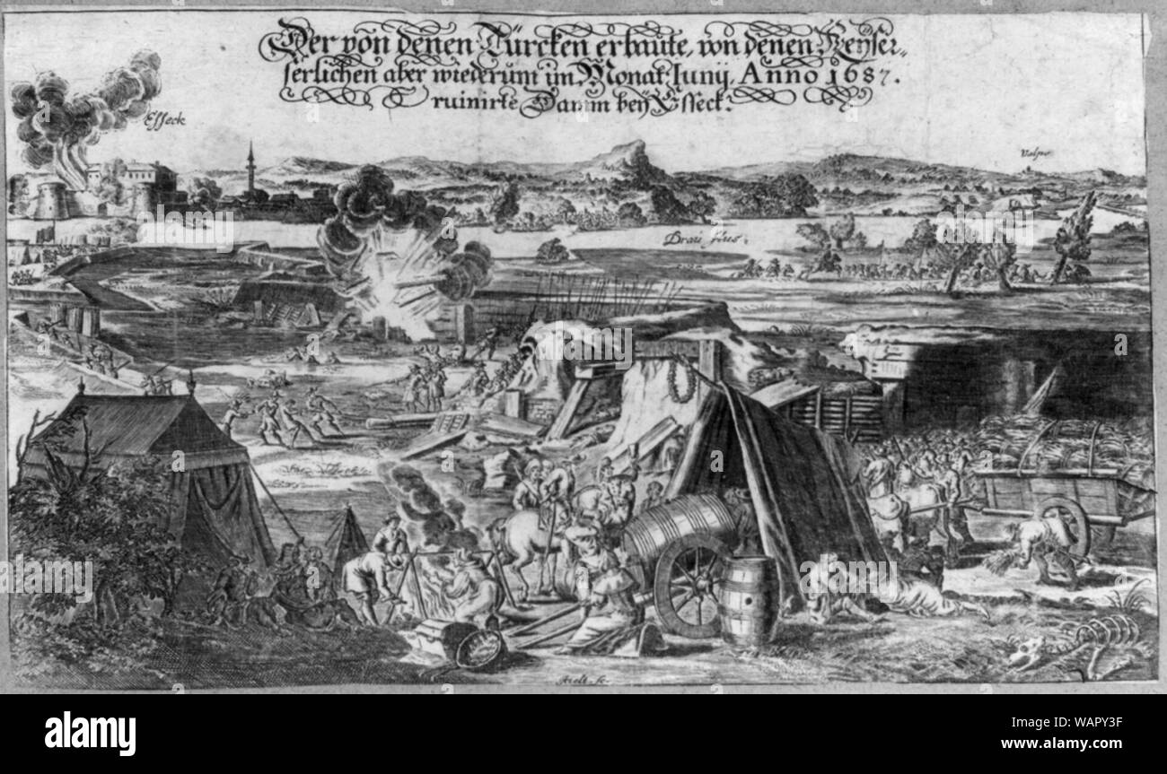 Der von denen Turcken erbaute von denen Keyserlichern aber wiederum um Monat Iuny Anno 1687 ruinirte Damm bey Esseck Stock Photo