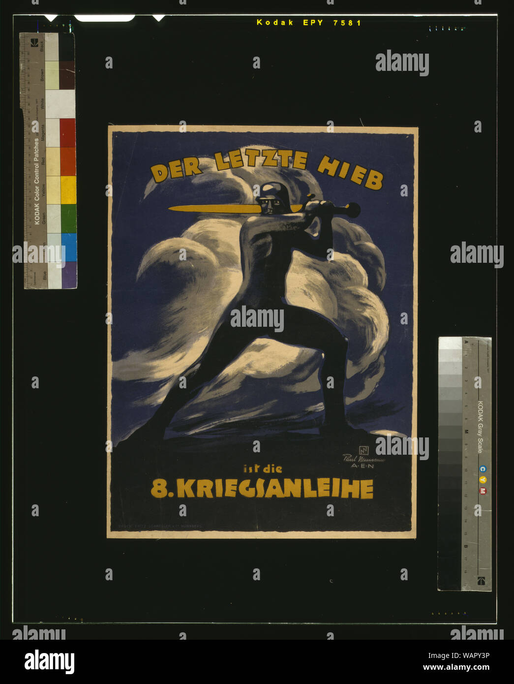 Der  letzte Hieb ist die 8. Kriegsanleihe Abstract: Poster shows an idealized image of a soldier swinging a large sword. Text: The last blow is the 8th War Loan. Stock Photo