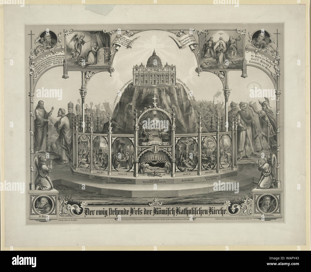 Der  ewig stehende Fels der Romisch Katholischen Kirche / lith. by A. Hoen & Co., Balto Abstract: This allegorical print, intended for an American Catholic audience, illustrates the official church response to the First Vatican Council of 1869-70, which decreed that the Pope is infallible. In the center of the image, St. Peter's Basilica rests on a massive rock--a reference to the assertion that papal authority descends from the Apostle Saint Peter. At the base of the rock are eight vignettes from the life of Christ with accompanying biblical citations. Each corner has one of the four evangeli Stock Photo