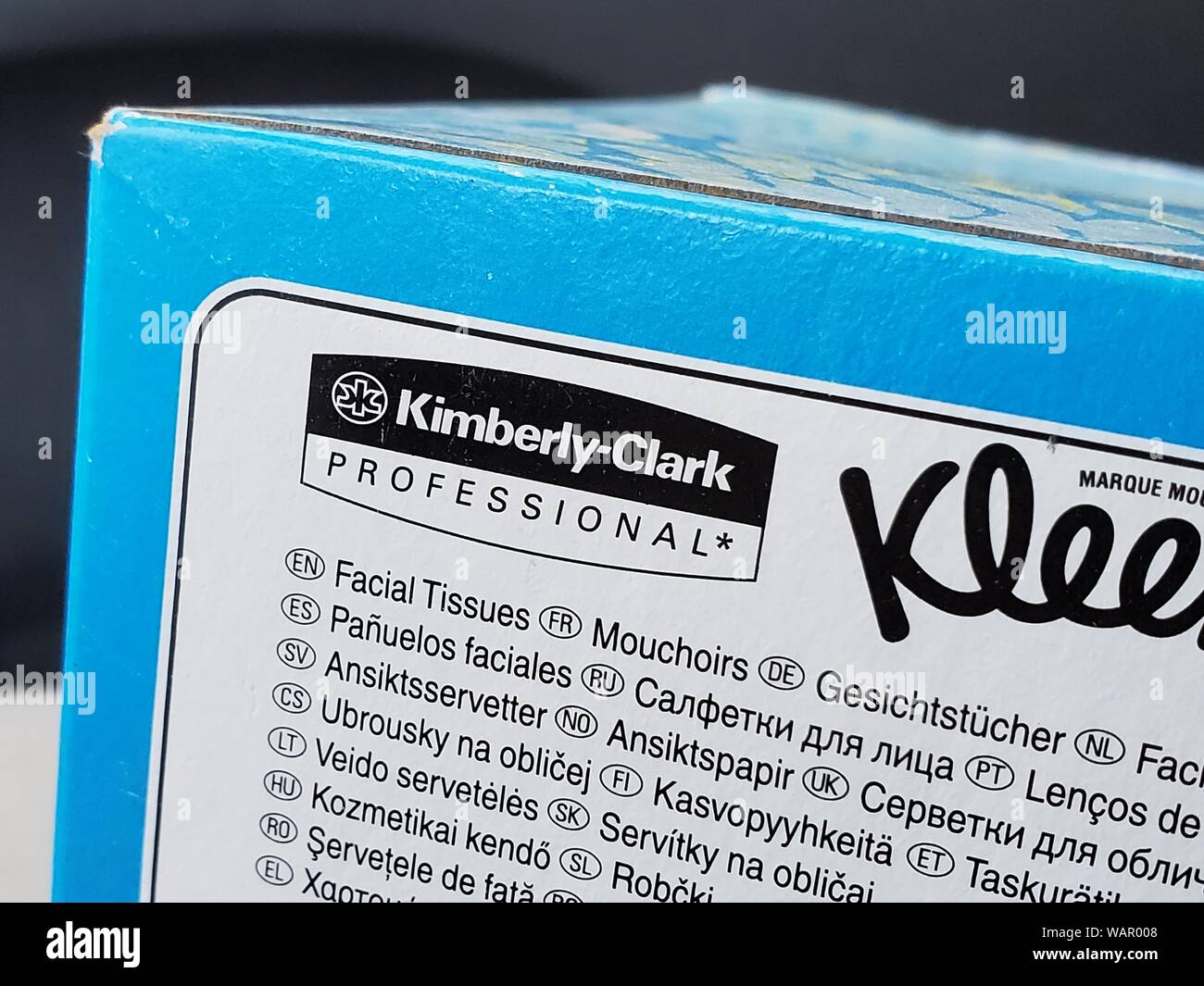 Close-up of logo for Kimberly Clark Professional, a distributor of paper  products to hospitality chains and other commercial customers, on a box of  facial tissues, August 21, 2019 Stock Photo - Alamy