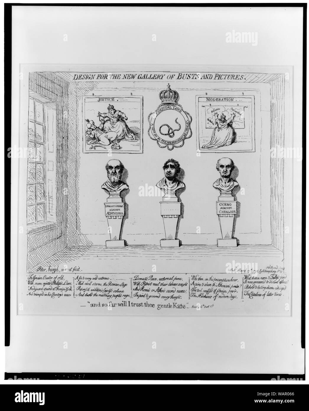 Design for the new gallery of busts and pictures Abstract: Cartoon shows interior view of a portrait gallery with busts of Demosthenes and Cicero, both frowning, and between them a bust of Charles J. Fox; hanging on the wall above are two prints showing Catherine II of Russia, in one, titled Justice, she is about to stab a sultan, in the other, Moderation, she is facing a map of Moldavia, Bessarabia, and Wallachia, which she embraces with outspread arms; hanging above the bust of Fox is a crowned circle inscribed Conjugal love [-] A cure for the Haemerroidical Cholic within which is a rope noo Stock Photo