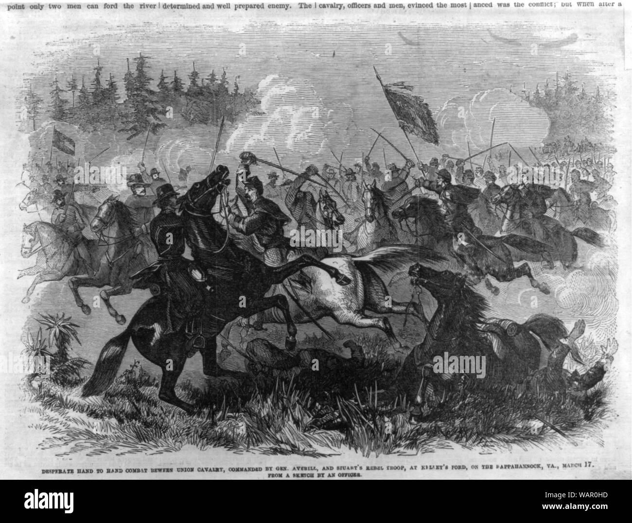 Desperate hand to hand combat between Union Cavalry, commanded by Gen. Averill [i.e. Averell] and Stuart's Rebel Troop, at Killey's Ford [i.e. Kelly's Ford], on the Rappahannock, Va., March 17 [1863] Stock Photo