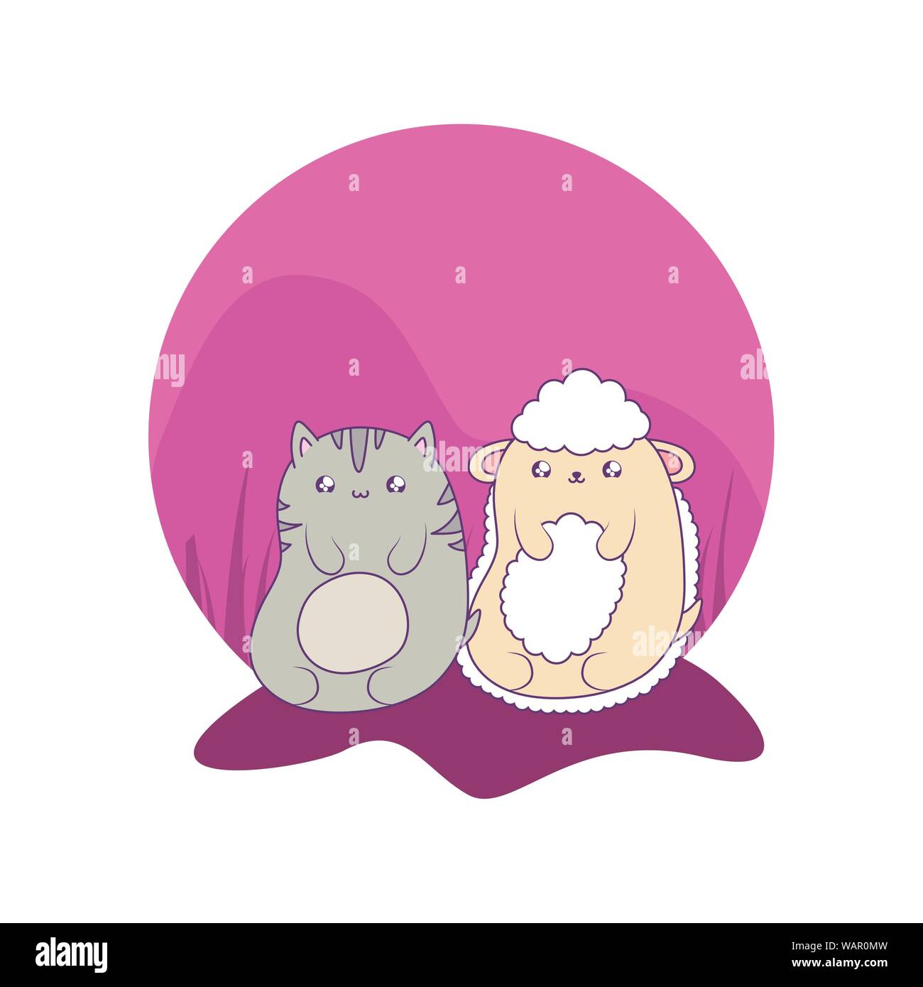 cute cat with sheep baby animals kawaii style vector illustration ...