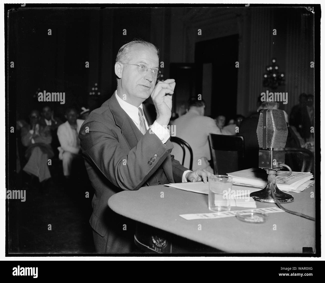 Destruction of Democratic Party aim communists, Dies Committee told. Washington, D.C., Aug. 22. Resuming his testimony before the House Committee investigating Un-American activities today, Dr. J.B. Matthews, former communist organizer, charged that communist strategy in America calls for the destruction of the Democratic Party as a prelude to the establishment of a Soviet America. He also told the committee that immediate objectives of President Roosevelt's administration are identical to those of the Communist Party, 8/22/38 Stock Photo