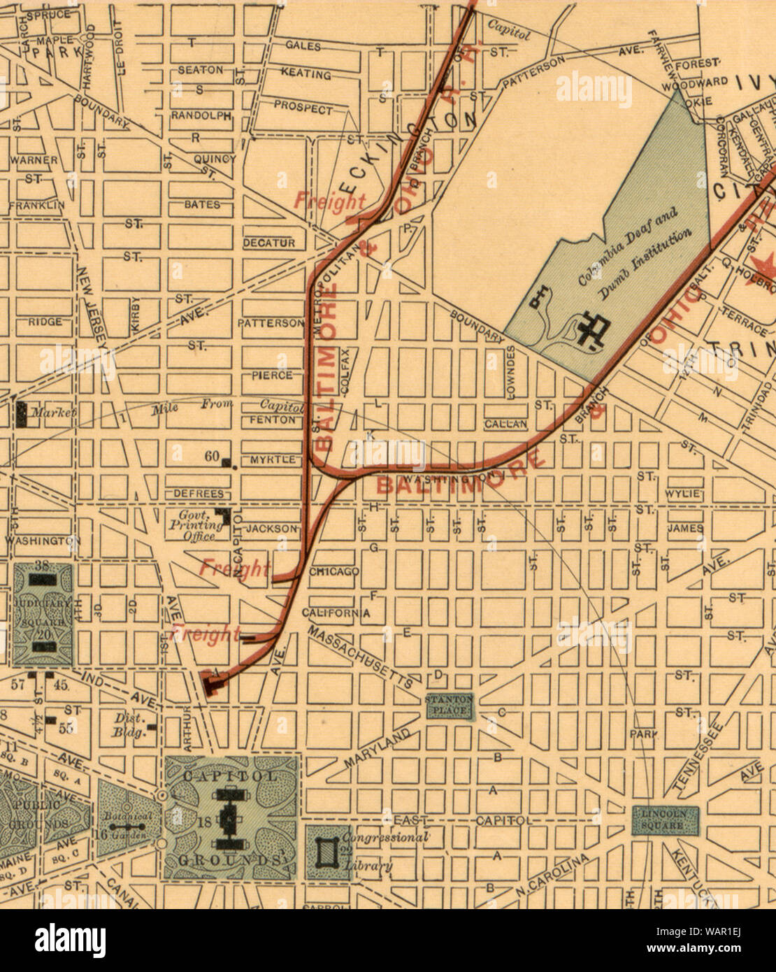 Detail of a 1893 Map of Washington, DC showing the B&O Railway lines ...