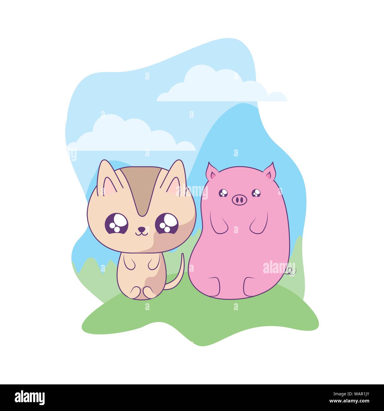 cute cat with piggy baby kawaii style vector illustration design Stock ...