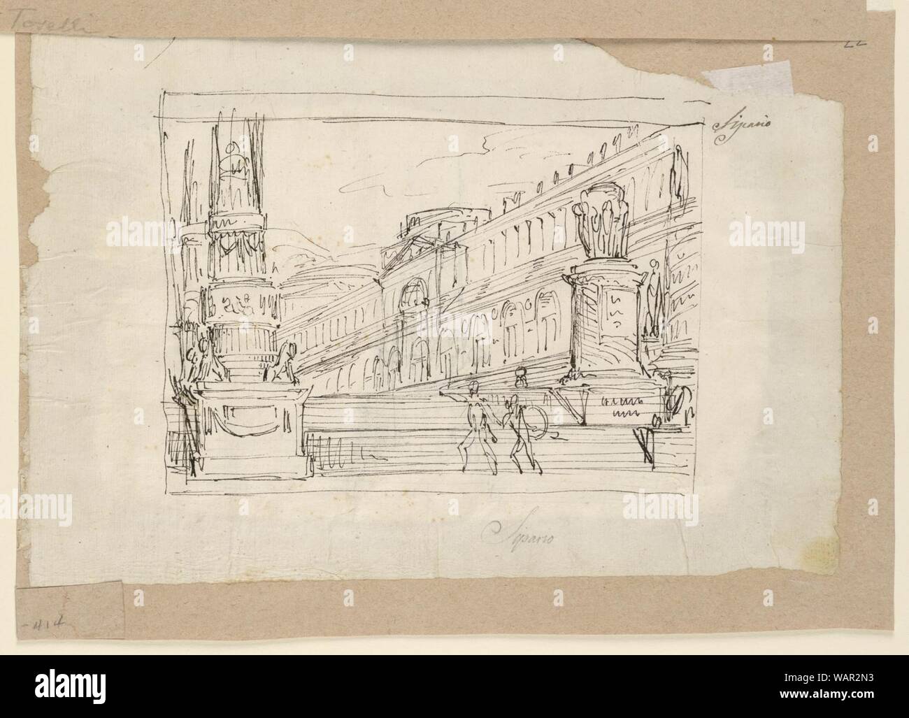 Drawing, Curtain Design, Soldiers at a Flight of Steps, early 19th ...
