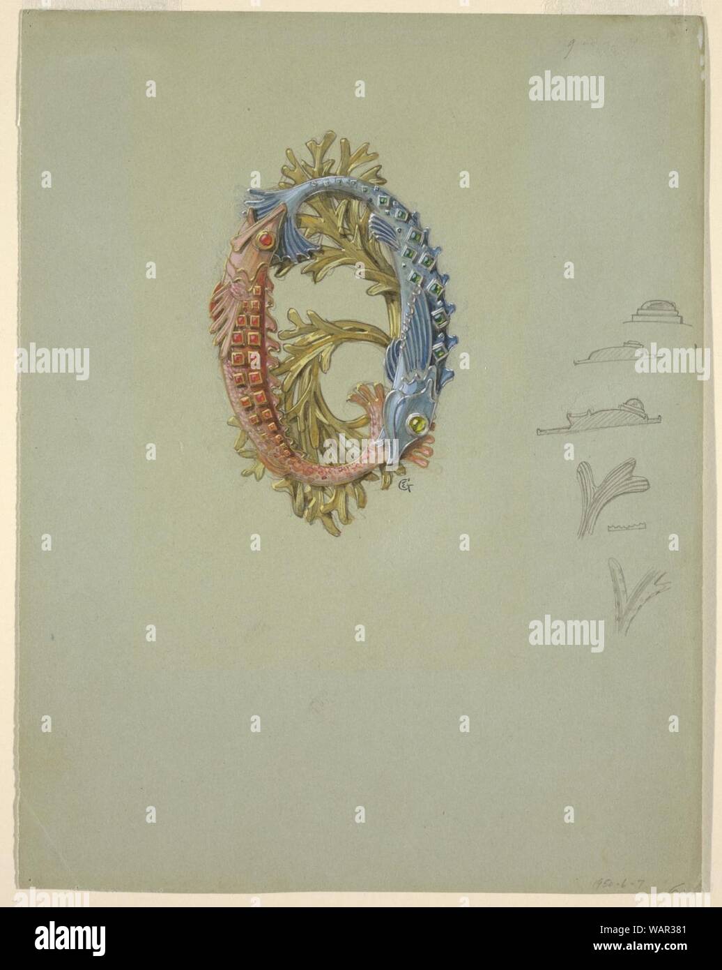 Drawing, Design for a Belt Buckle with Two Fish and Seaweed, 1900 Stock ...