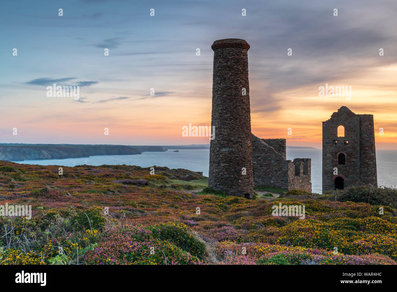 Wheal Coates, near St. Agnes in North Cornwall, England. Monday 21st August 2019. UK Weather. Like a scene from Poldark, after a warm summers day, the temperature drops as the sun sets over Wheal Coates near St. Agnes Beacon in North Cornwall. Credit: Terry Mathews/Alamy Live News Stock Photo