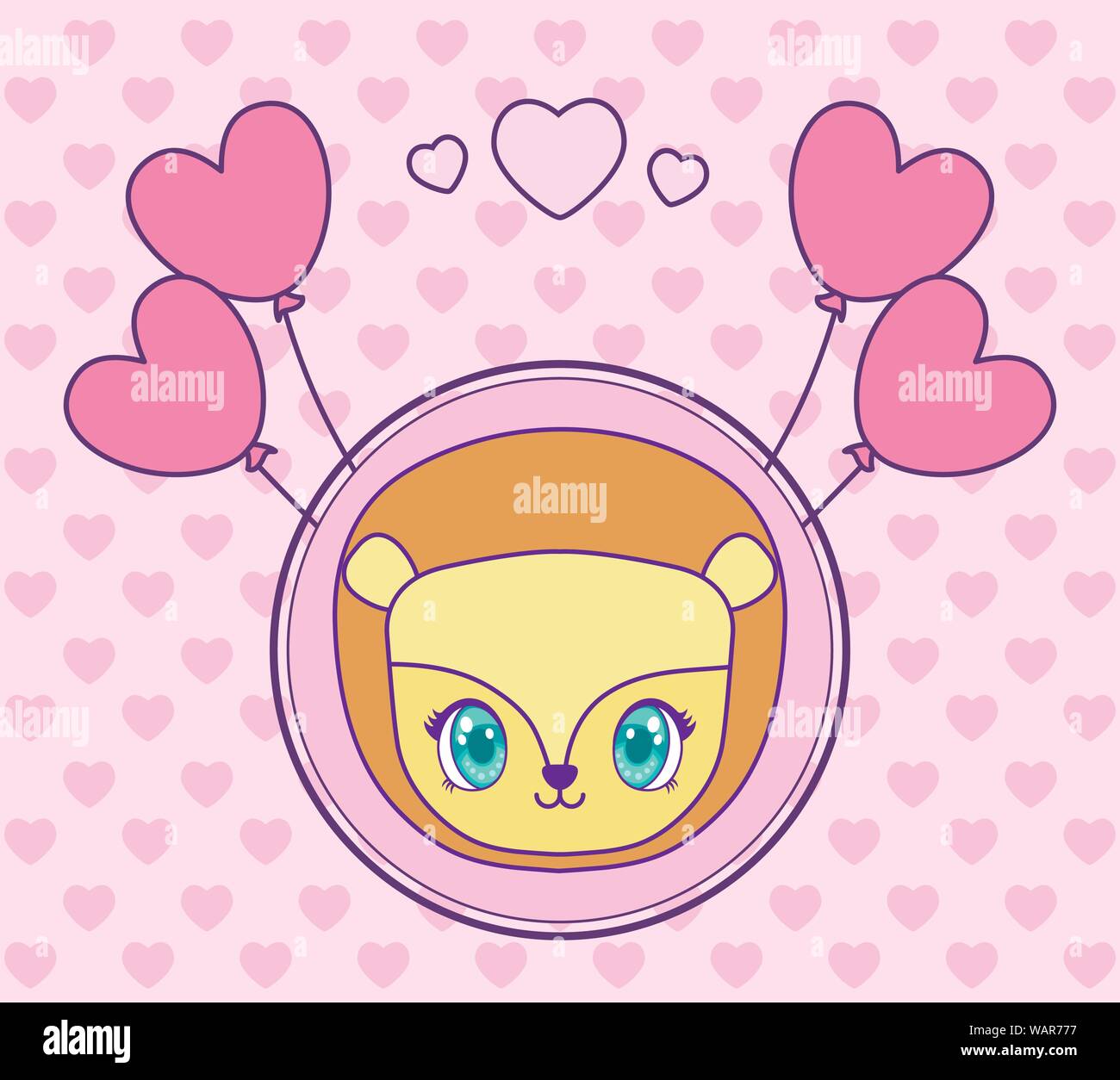 cute lion in card with balloons helium kawaii style vector illustration ...