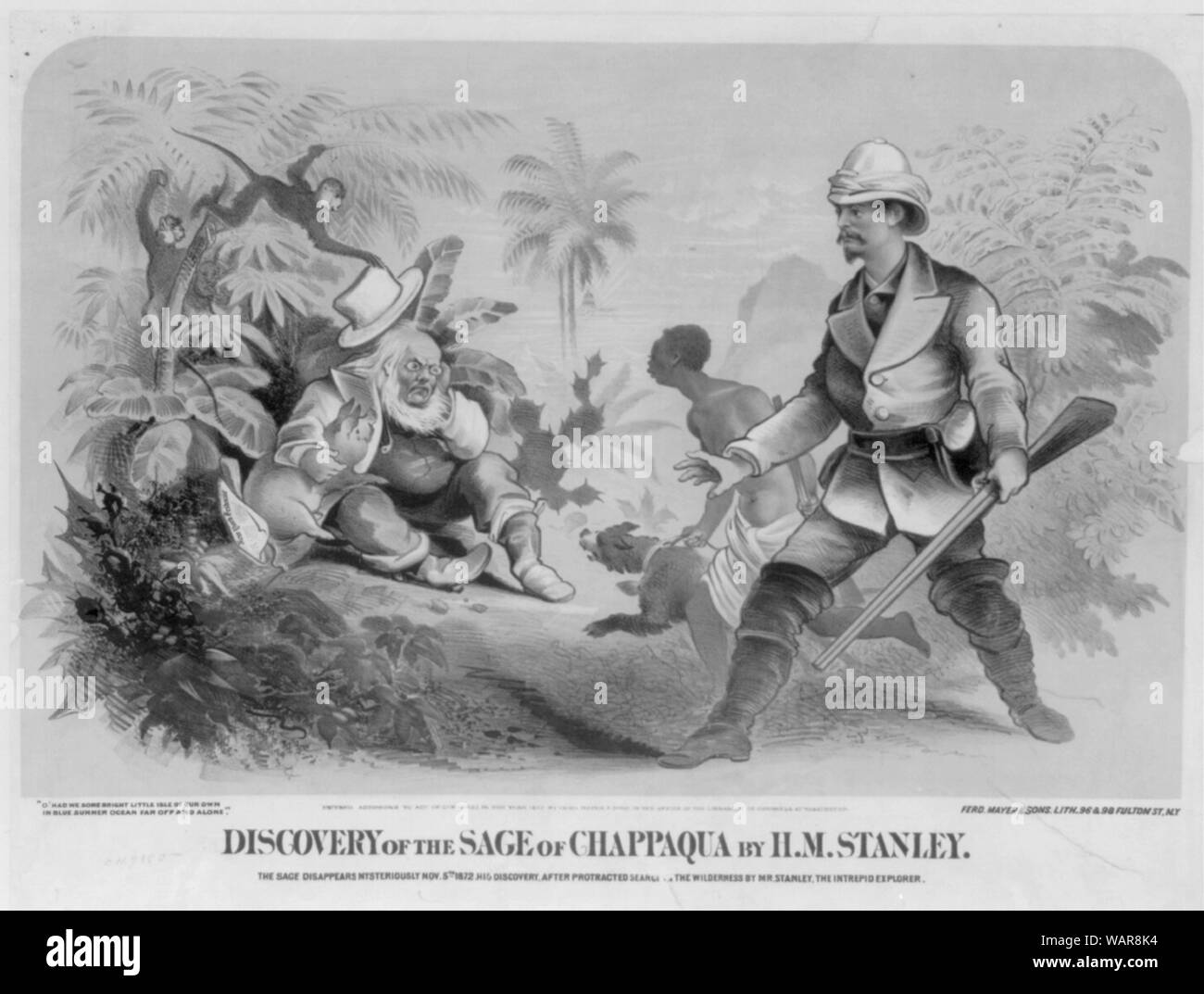 Discovery of the Sage of Chappaqua by H.M. Stanely Abstract: A caricature of Horace Greeley, commenting upon (or perhaps anticipating) his disappearance from public life after his defeat in the November 5 presidential election. Journalist Henry Morton Stanley, famous for finding David Livingstone in East Africa in 1871, here discovers Horace Greeley in a jungle. Stanley holds a rifle and is accompanied by an African youth guiding a dog. Greeley is shown embracing a pig, with a copy of the New York Tribune at his side. In a tree behind him a monkey plays with Greeley's trademark white hat, whil Stock Photo