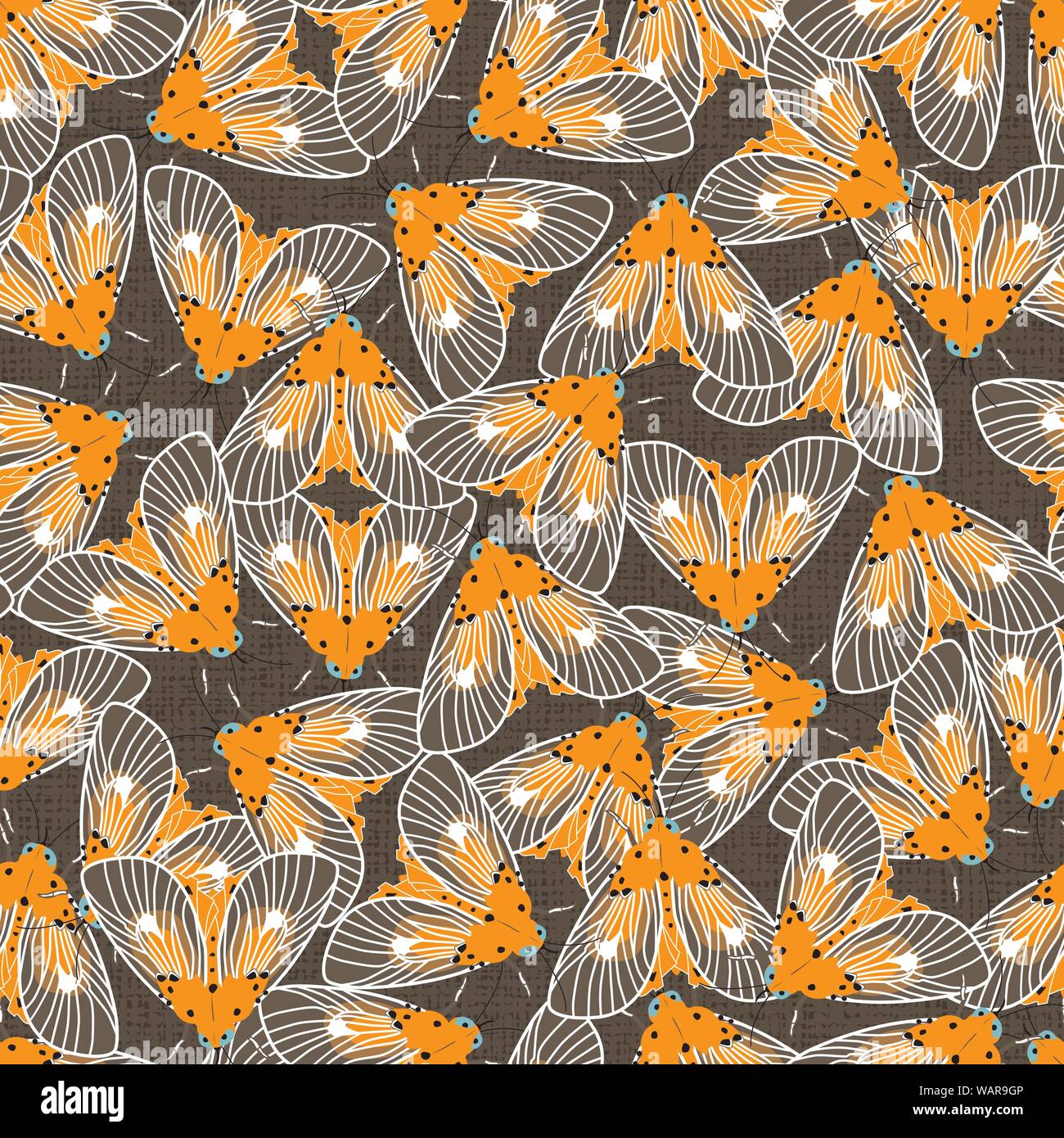 Vector yellow and brown moths with detailed wings outlines repeat pattern. Suitable for gift wrap, textile or halloween wallpaper. Stock Vector