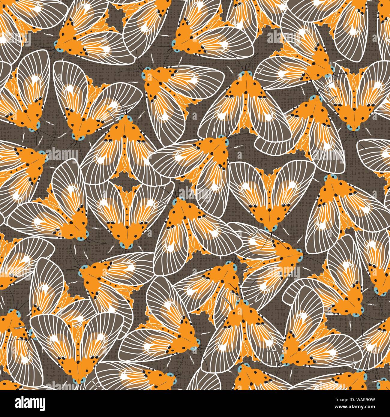 Vector yellow and brown moths with detailed wings outlines repeat pattern. Suitable for gift wrap, textile or halloween wallpaper. Stock Vector