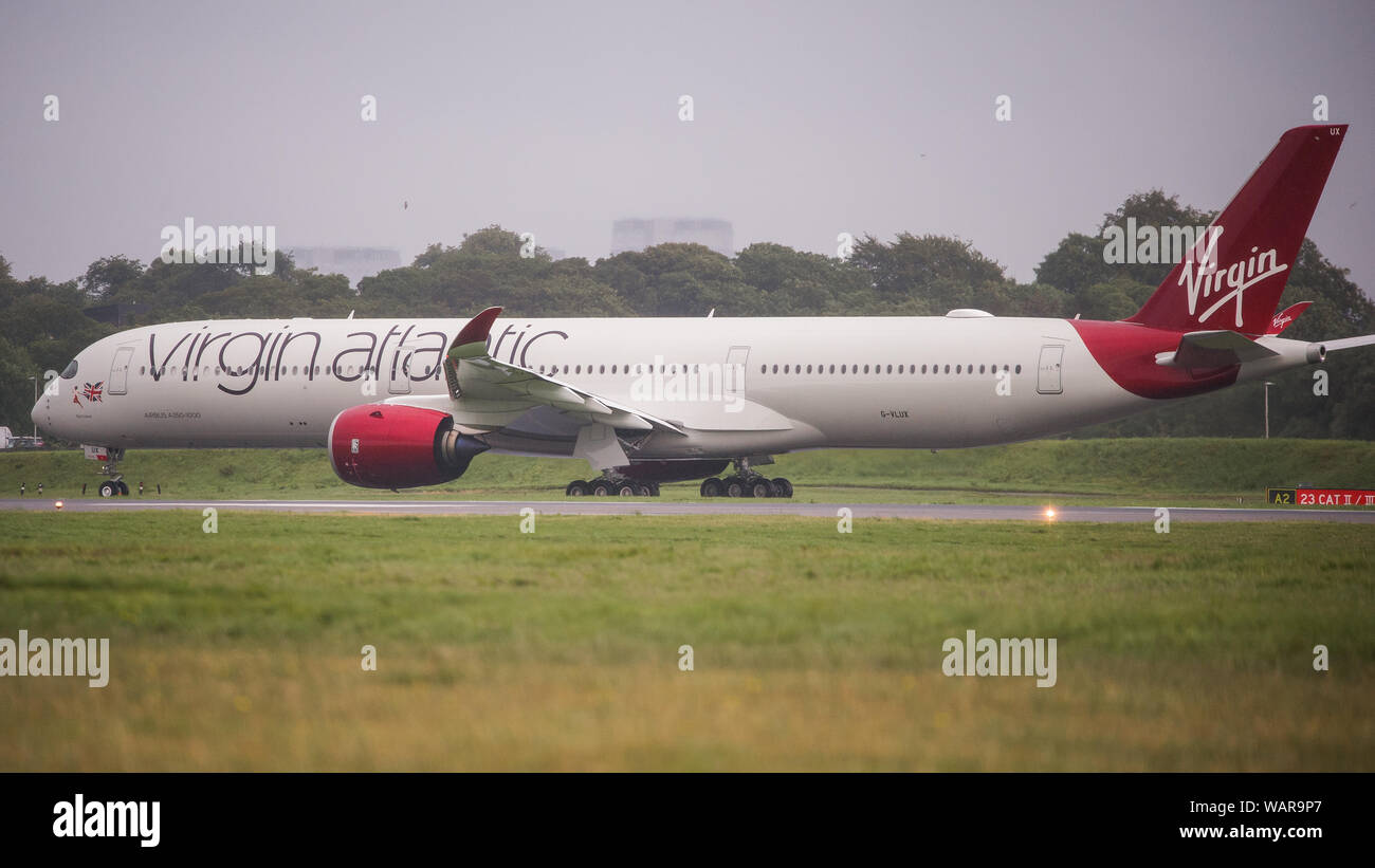 Glasgow, UK. 21 August 2019. Virgin Atlantic Airbus A350-1000 aircraft seen at Glasgow International Airport for pilot training. Virgin's brand new jumbo jet boasts an amazing new 'loft' social space with sofas in business class, and aptly adorned by the registration G-VLUX. The entire aircraft will also have access to high-speed Wi-Fi. Virgin Atlantic has ordered a total of 12 Airbus A350-1000s. They are all scheduled to join the fleet by 2021 in an order worth an estimated $4.4 billion (£3.36 billion). The aircraft also promises to be unto 30% more fuel efficient saving on CO2 emissions. Stock Photo