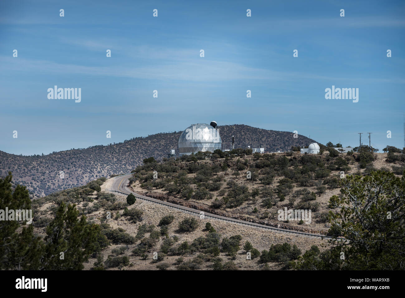 Distant view of two facilities at the McDonald Observatory on Mount Locke, above the city of Fort Davis in the Davis Mountains of West Texas Stock Photo