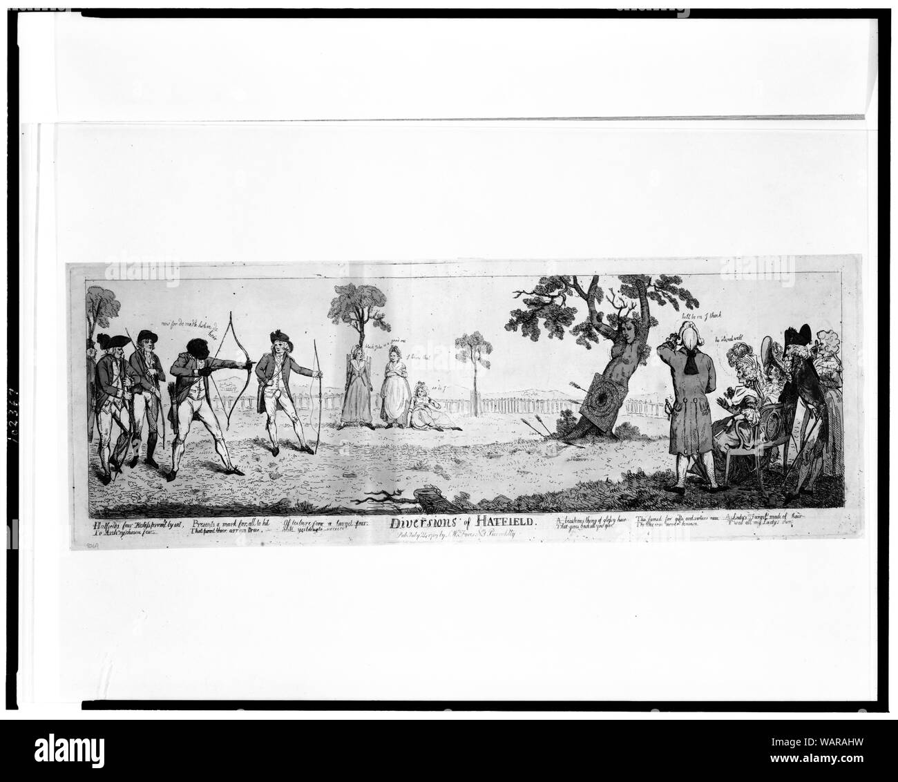 Diversions of Hatfield Abstract: Five men taking part in an archery contest. The target is placed on a tree in the form of a woman, branches being upraised arms. On the right, beyond the target, is Lord Salisbury. Stock Photo