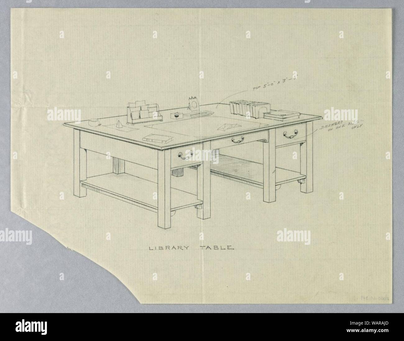 Drawing, Design for Library Table with Open Side Stretcher Shelves and