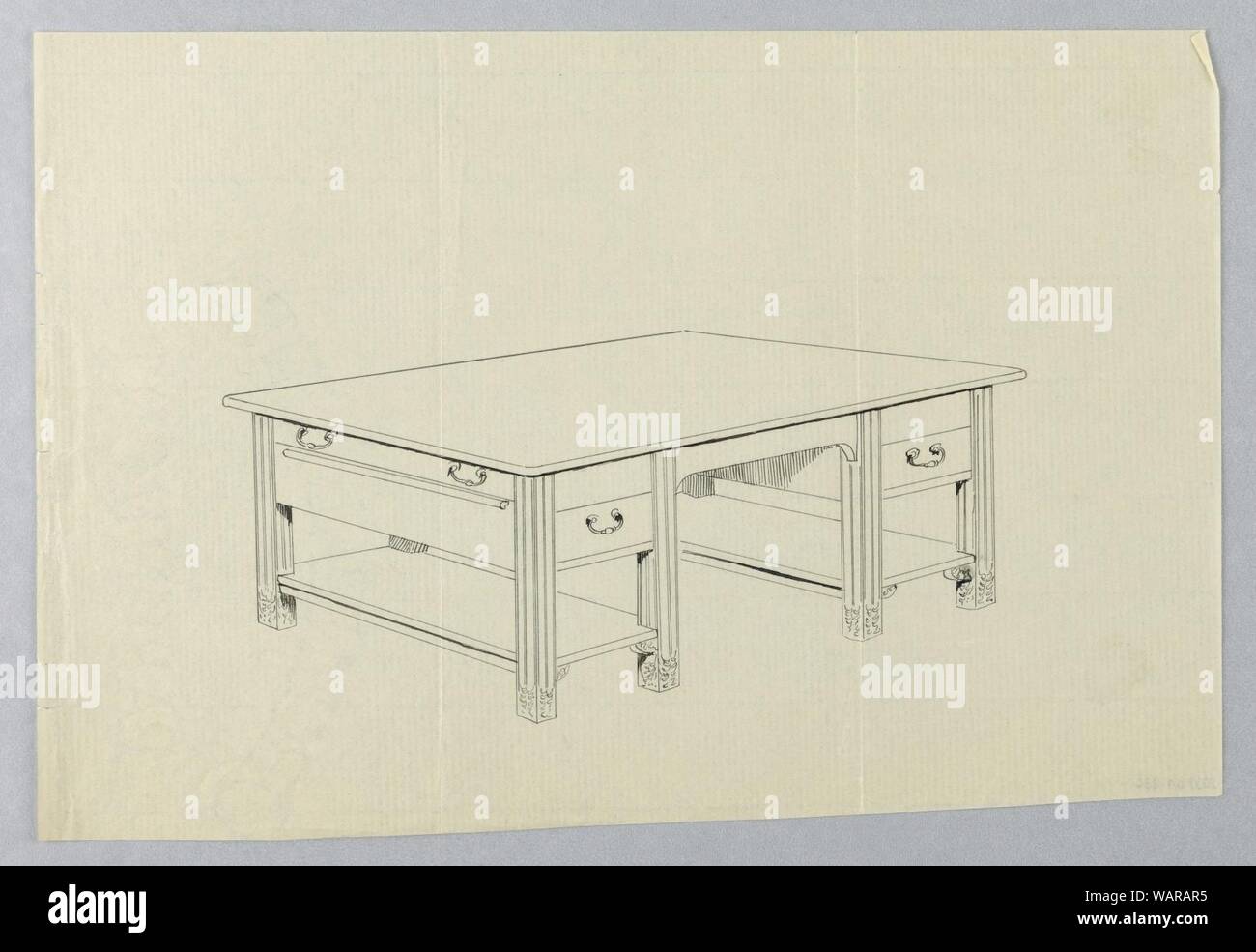 Drawing, Design for Massive Library Table with Square Legs and Side ...