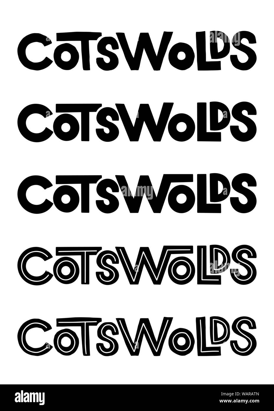 Cotswolds. Vector hand lettering element. Bold thick sans serif Cotswolds name for posters, cards, maps and travel guides. Stock Vector