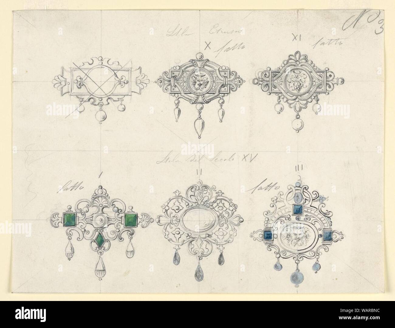 Drawing, Design for six brooches, with satyrs and diamonds, 187080