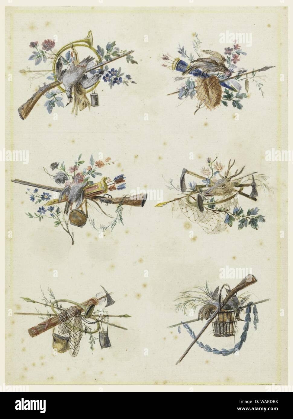 Drawing, Designs for Six Trophies Composed of Hunting Attributes, ca. 1780 Stock Photo