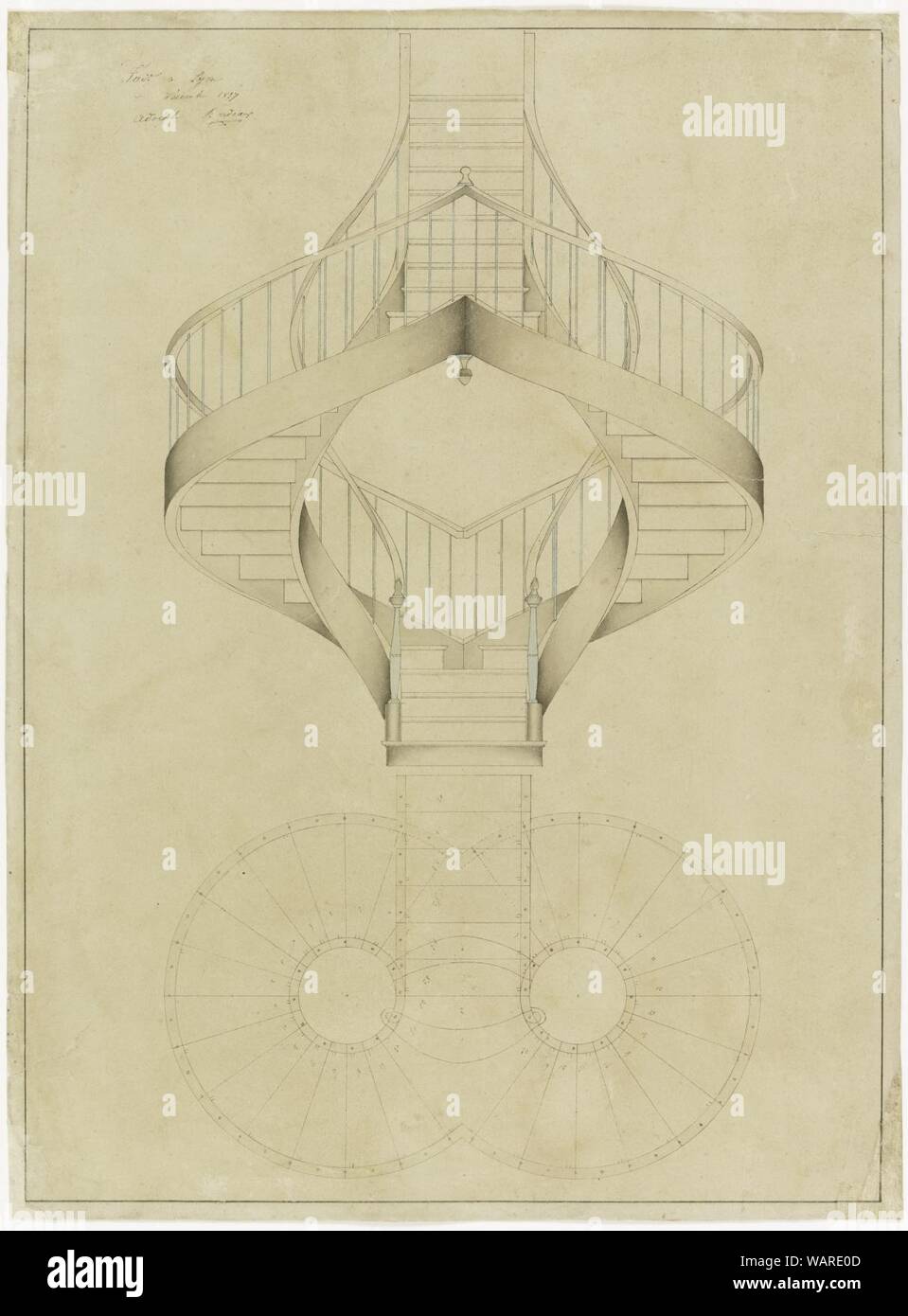 Drawing, Elevation and Plan View for a Double Spiral Staircase, December 1887 Stock Photo