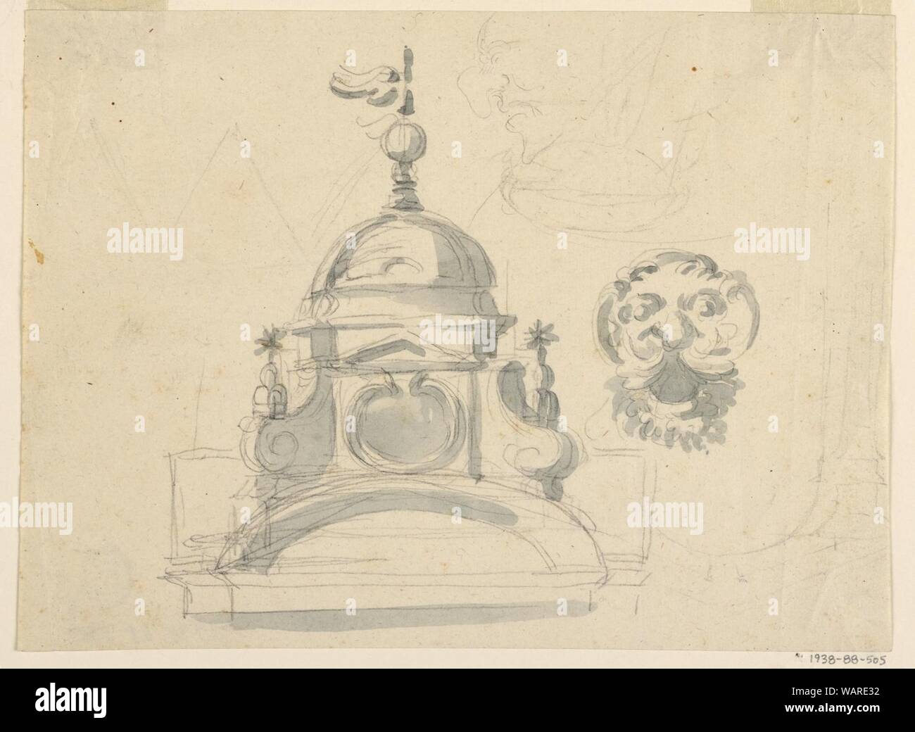 Drawing, Elevation of a Dome, Design for a Mask, and Caricature, 1725