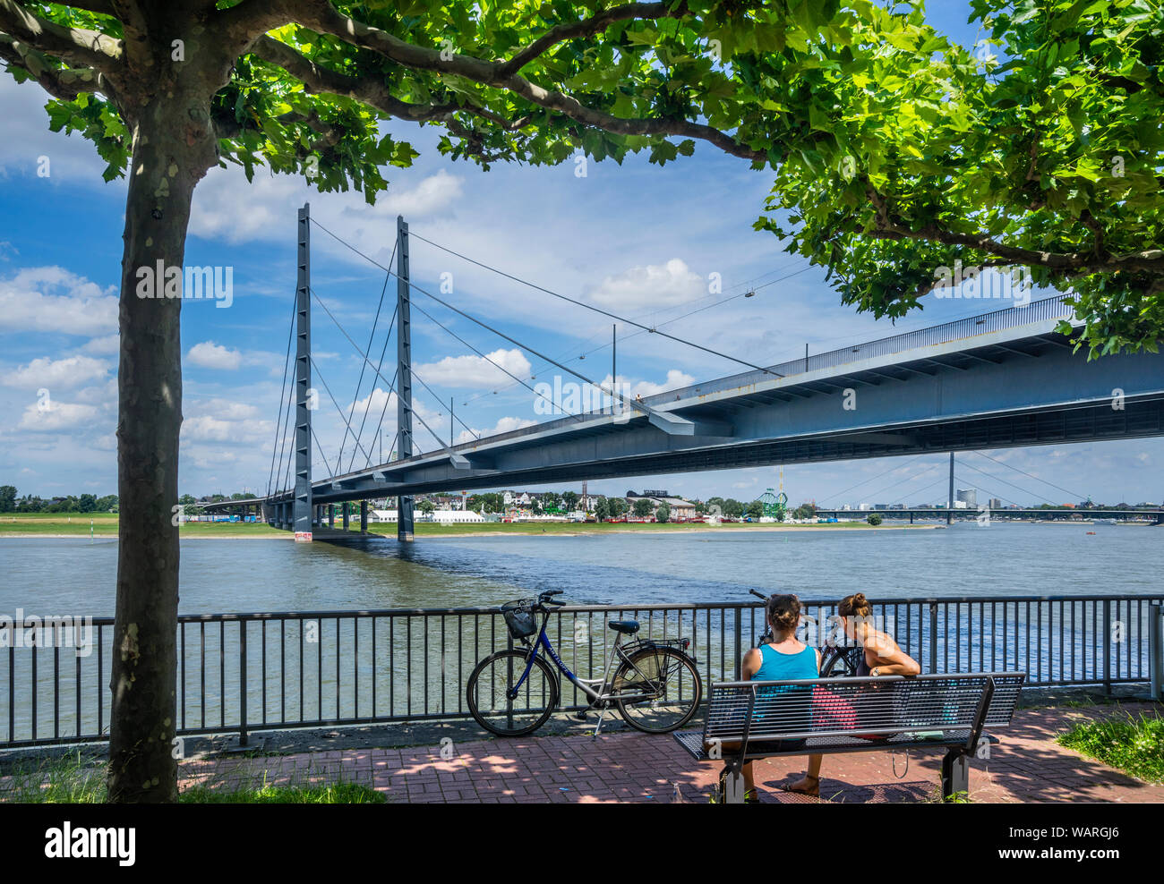 cycling tour rest at Parlamentsufer on the banks of river Rhine next to the North Rhine-Westphalia state parliament with view of the cable-stayed Rhei Stock Photo