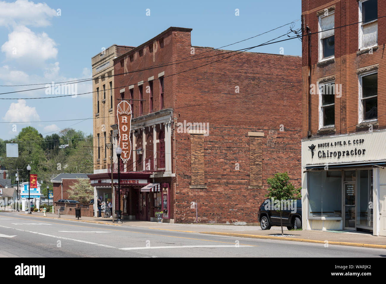 Downtown block that includes the Robey Theatre in Spencer, West