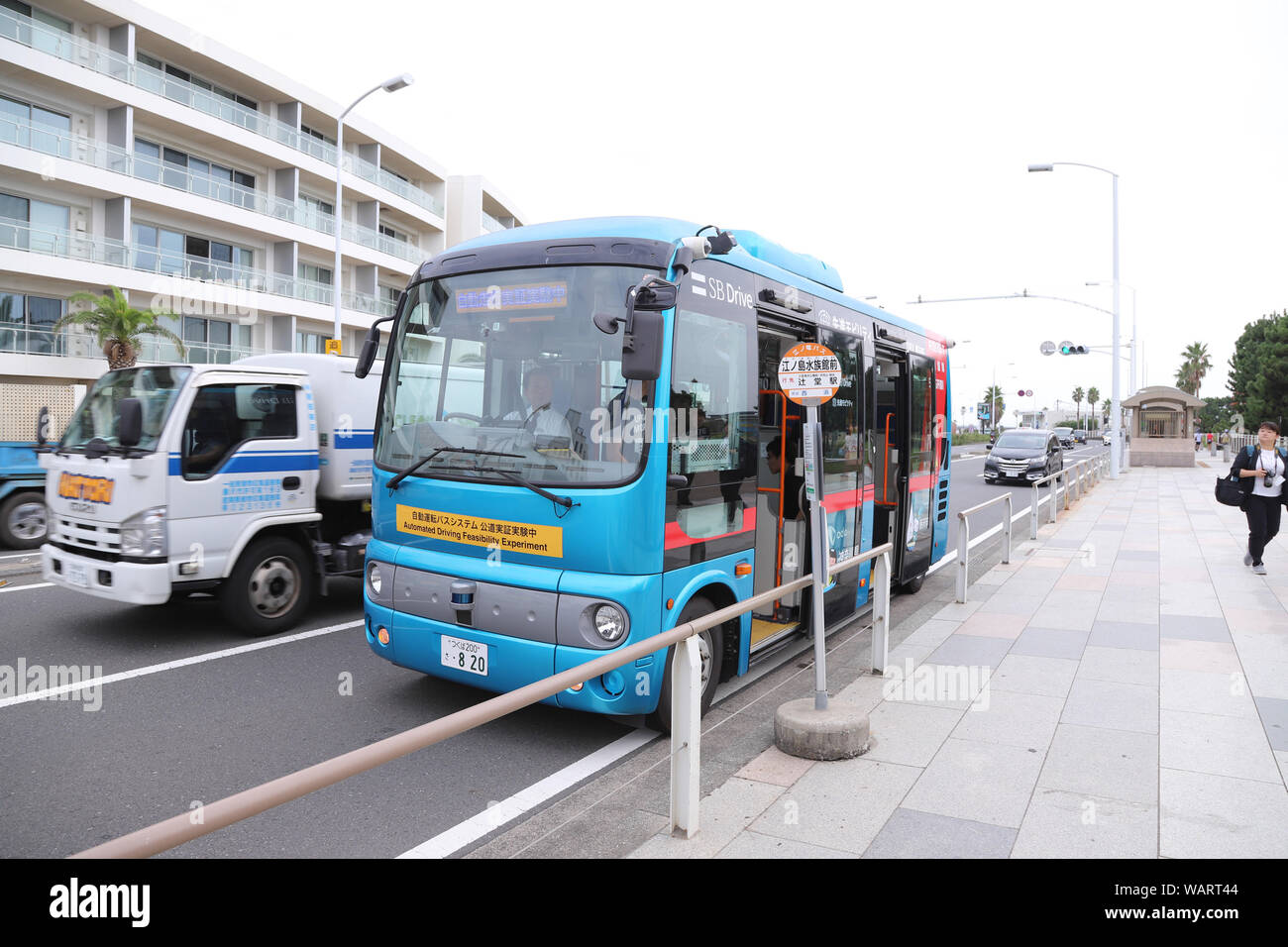 Fujisawa, Japan. 21st Aug, 2019. An autonomous driving bus runs 