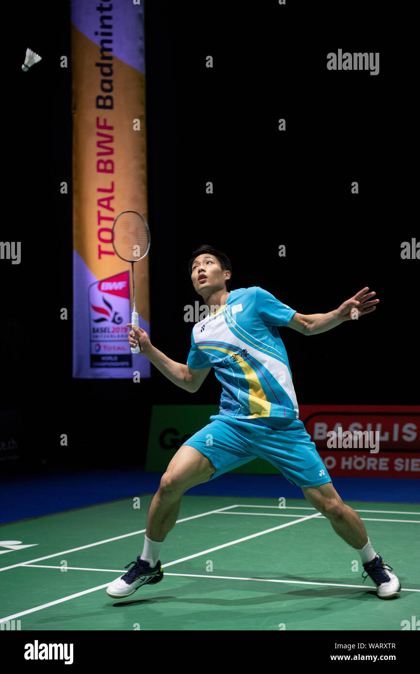 Basel, Switzerland. 21st Aug, 2019. Chou Tien Chen of Chinese Taipei during  the BWF World Badminton Championships 2019, Men's Singles Round at the St.  Jakobshalle in Basel, Switzerland, on August 21, 2019.