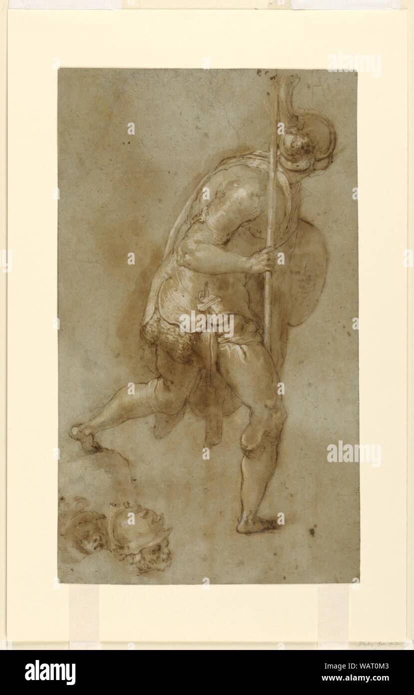 Drawing, Soldier Running -Study for Figure in Left Foreground, ‘Betrayal of Christ,‘ Rome, S. Maria della Consolazione, Matttei Chapel; Separate Studies of Two Heads, mid-16th century, before 1566 Stock Photo