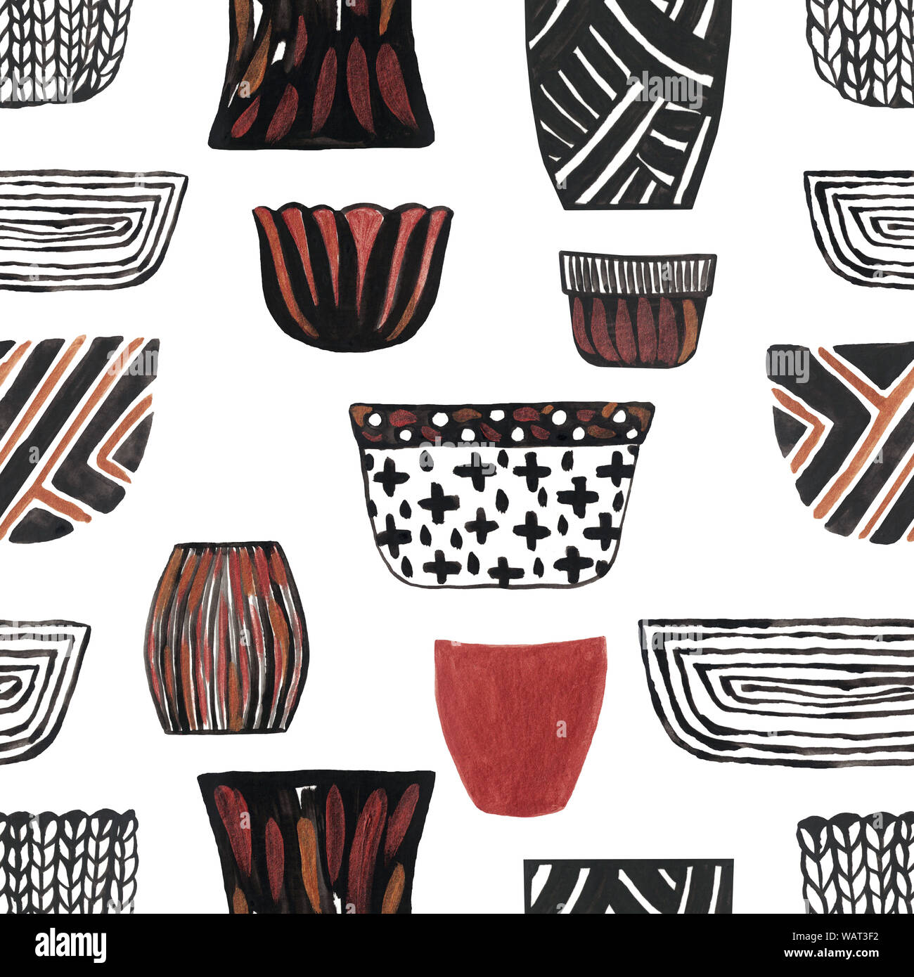 Watercolor illustration set of ceramic flower pots seamless pattern ...