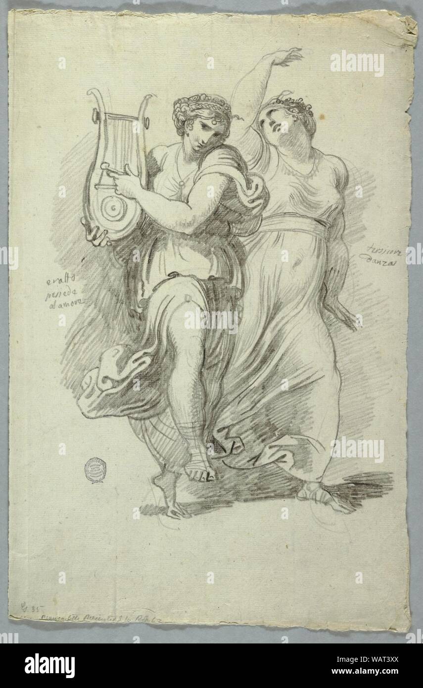 Drawing, Terpsichore, Muse of Dance and Erato, Muse of Love Poetry, ca. 1820 Stock Photo