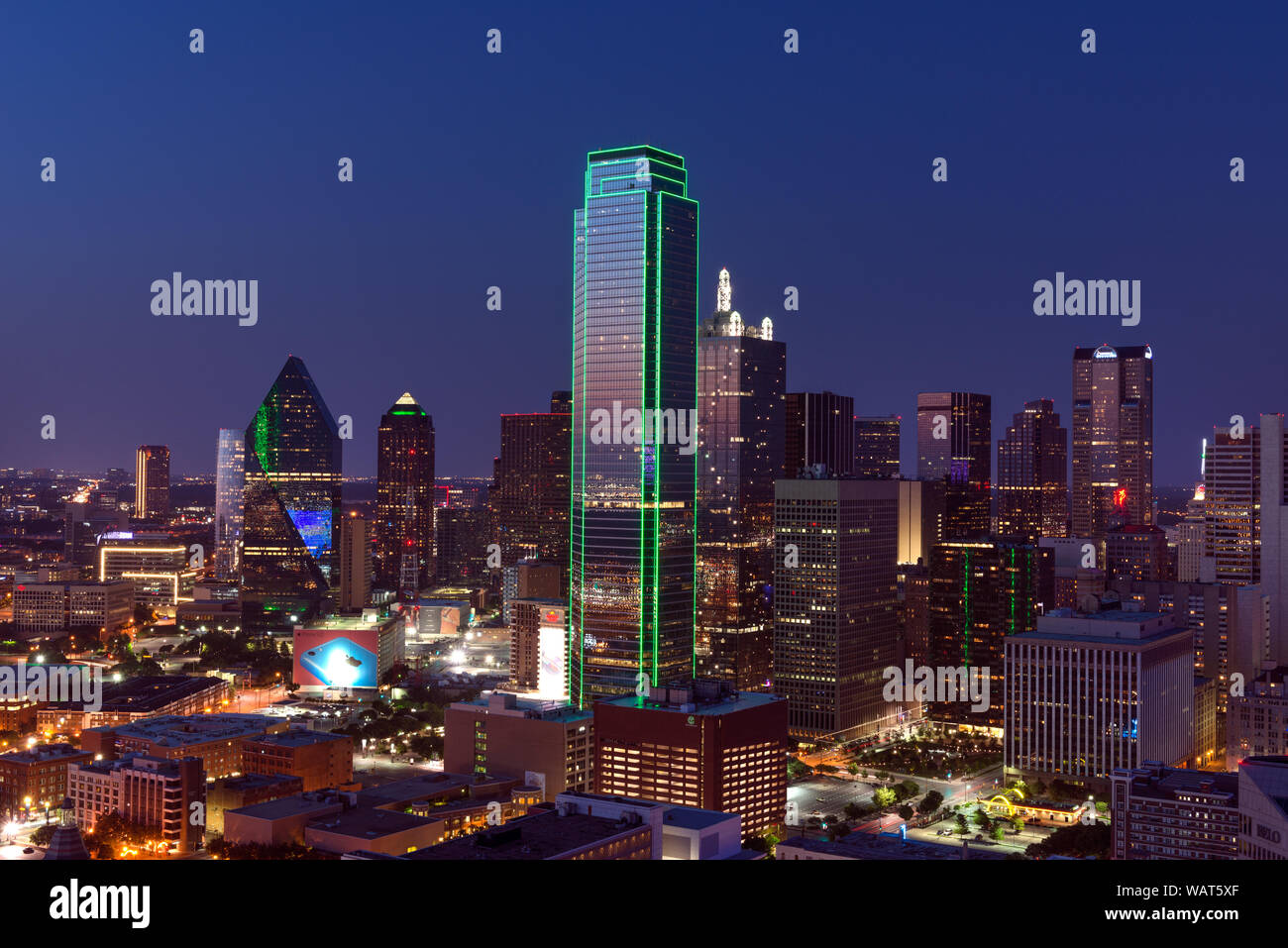 Dusk view of the Dallas, Texas, skyline, taken from Reunion Tower Stock