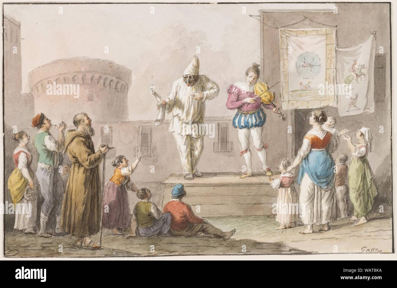 Drawing, Water color; Performers of a Commedia dell'Arte, 1827 Stock Photo