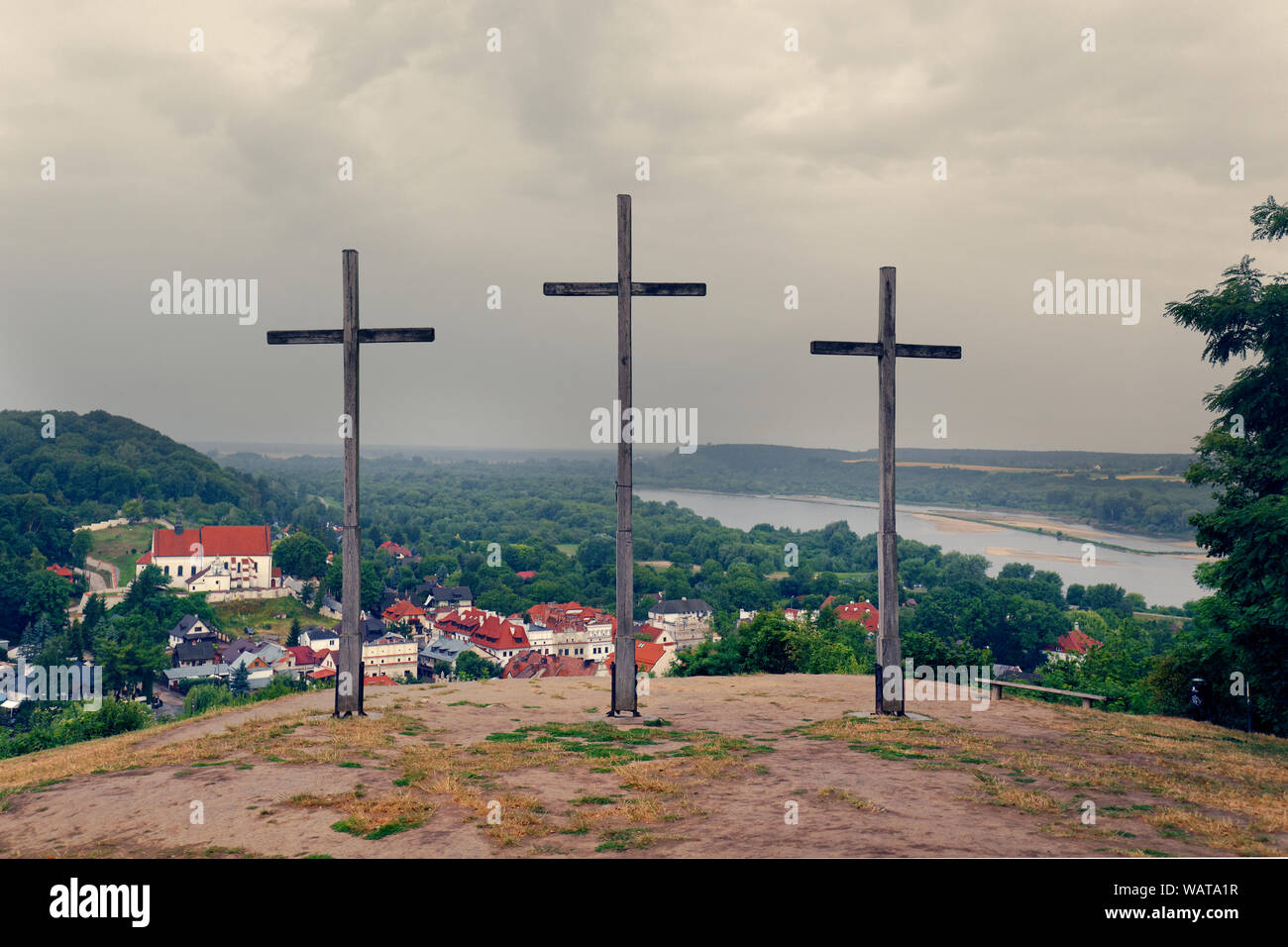 Three Crosses Mountain in Kazimierz Dolny, as a Memorial commemorating a plague that decimated the town's population Stock Photo