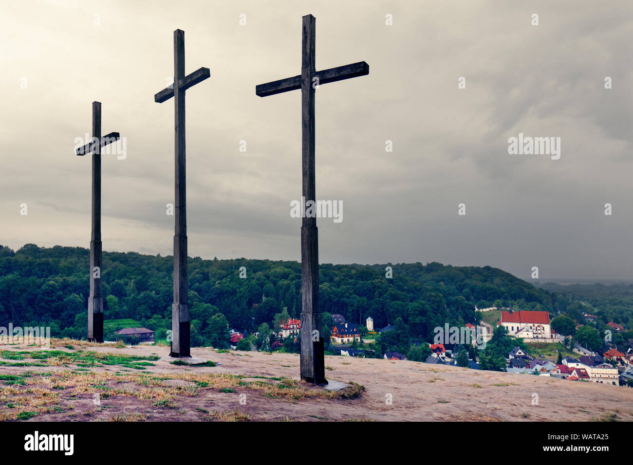 Three Crosses Mountain in Kazimierz Dolny, as a Memorial commemorating a plague that decimated the town's population Stock Photo