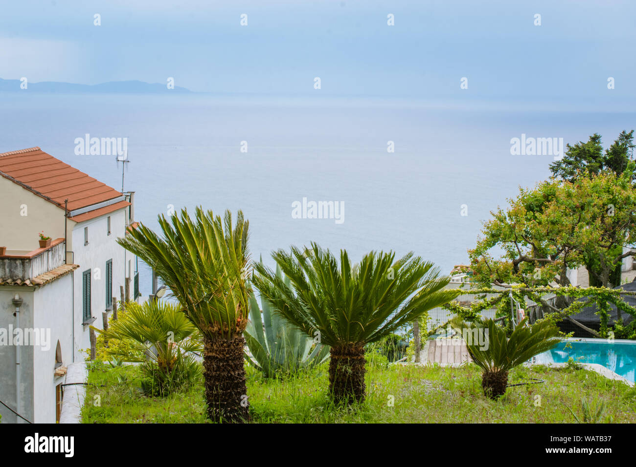 A beautiful Landscape to the Tyrrhenian Sea seen from the Garden of Villa Rufolo, historic center of Ravello, Amalfi Coast of Italy Stock Photo