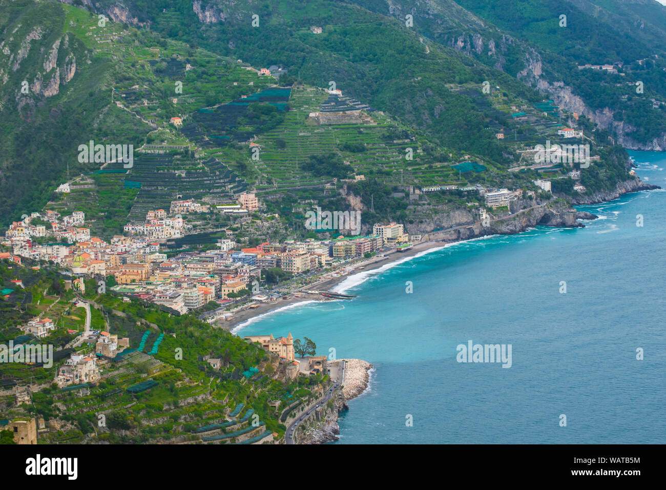 Sea, Beach, and Mountains view from the Garden of Villa Rufolo, historic center of Ravello, Amalfi Coast of Italy Stock Photo