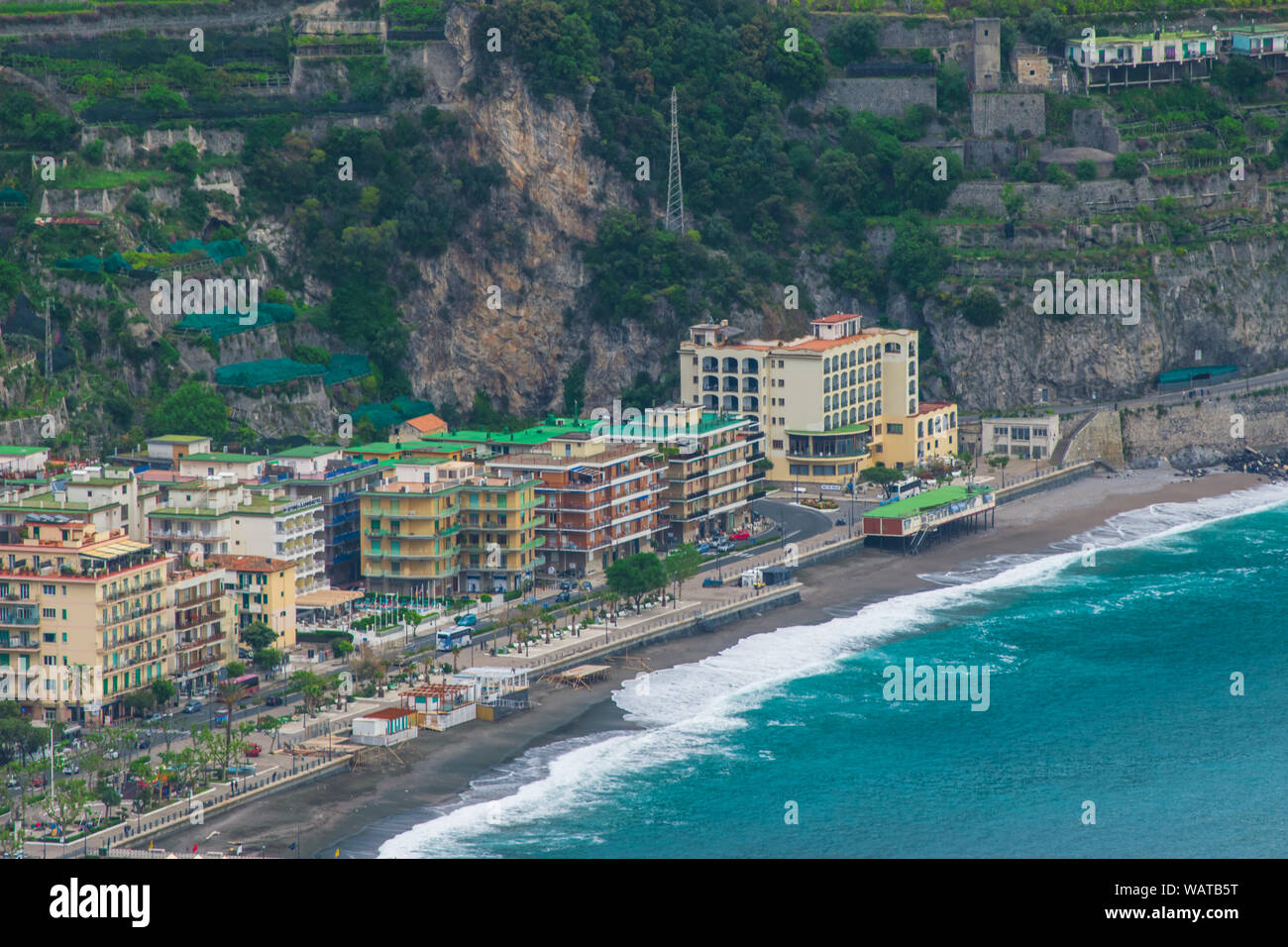 Sea, Beach, and Mountains view from the Garden of Villa Rufolo, historic center of Ravello, Amalfi Coast of Italy Stock Photo